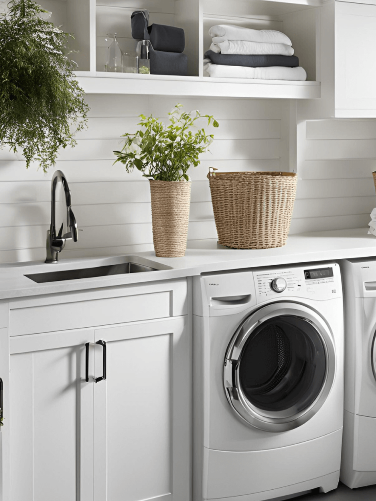 To make your space feel larger and more open keep your white laundry room simple and with few accents.