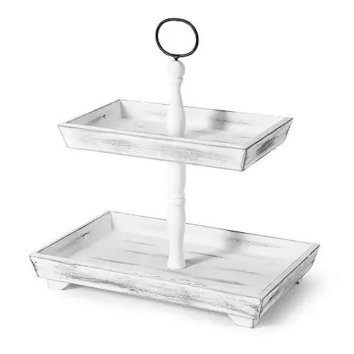 CXCJAI Decorative Tray Two Tiered Tray Stand for Easter Decor Wood Serving Trays for Farmhouse Kitchen Coffee Cupcake Food Fruits Display and Party White Rectangular Home Decor,White Rectangular