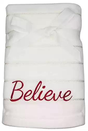 Sleigh Hill Trading Co. Set of 2 Embroidered Believe in Red with Silver Thread Stripes White Hand Towels for Christmas Bathroom Decor, Christmas Hand Towels, Christmas Decorations