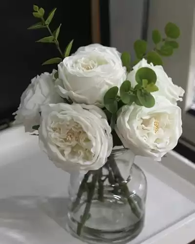 CHASMILE Artificial Flowers with White Roses in Vase, Fix Lifelike Fake Flowers in Vase with Artificial Water, Faux Flower Arrangements for Dining Table Centerpiece Decor