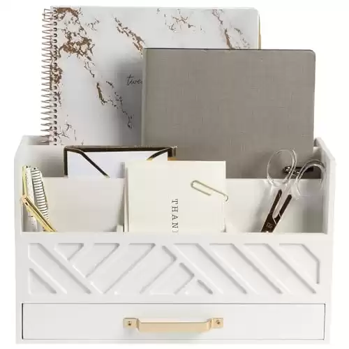 BLU MONACO White Wooden Desk Organizer with Drawer and Gold Handle - Desk Organizers and Accessories for Office Organization and Storage - Home, Office and Classroom Desk Supplies and Organizers