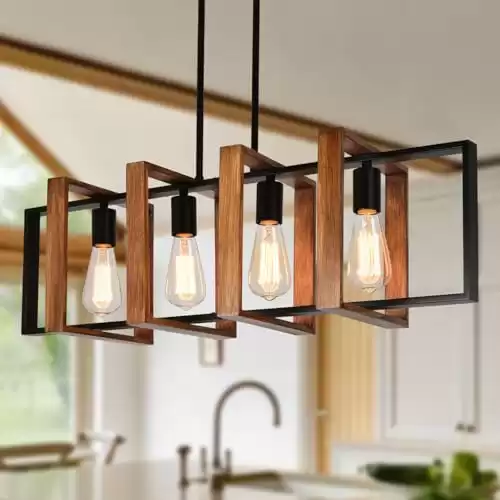 Kitchen lsland Lighting,4-Light Dining Room Light Fixture Over Table Kitchen lsland Lights Fixtures Ceiling Hanging Rustic Wood Chandeliers Black Farmhouse Pendant Light with Wood Frame for Kitchen