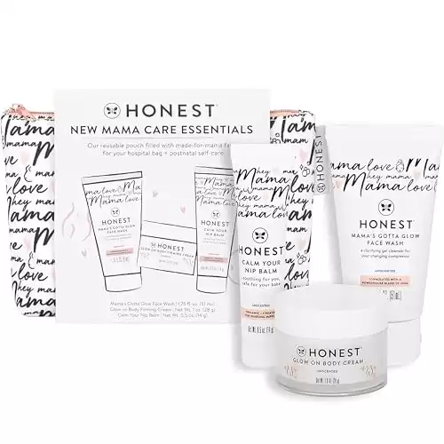 The Honest Company New Mama Care Essentials Gift Set | Hospital Bag Must Haves | Travel Size Nip Balm (0.5 oz), Glow On Body Cream (1 oz), Gotta Glow Face Wash (1.75 fl oz), Reusable Pouch