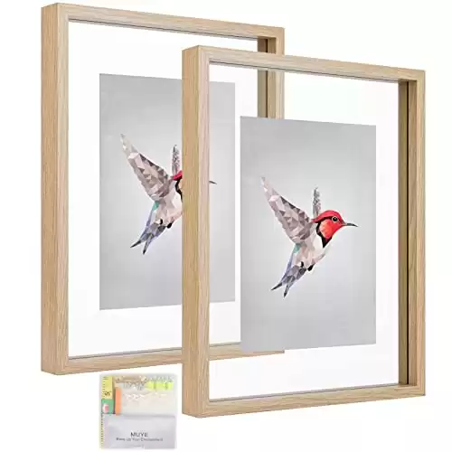 MUYE 11x14 Floating Frame Set of 2,Double Glass Rustic Frame,Display Any Size Photo up to 11x14,Wall Mount or Tabletop Standing,Natural