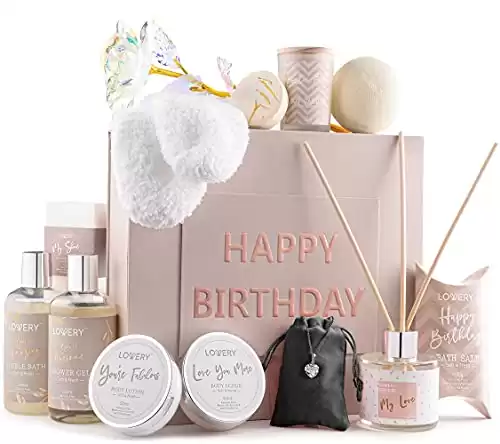 Birthday Gifts for Women, Birthday Spa Gift Basket for Women, Luxury Birthday Spa Gift Box with Vit E, Rich Bath Essentials, Diffuser, Candle, Sterling Silver CZ Heart Necklace, 24k Flower Rose & ...