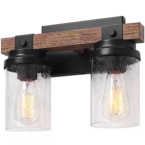 2-Light Farmhouse Vanity Lights for Bathroom, Rustic Bathroom Light Fixtures with Pretty Glass Shade, Black Industrial Wood Grain Wall Sconce for Bathroom Hallway Bedroom