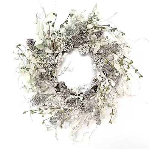 24 inch White Christmas Wreath,Winter Wreaths for Front Door with Pinecones Berries for Fireplace Xmas Decorations,Front Porch Decor and Wall Window Decor