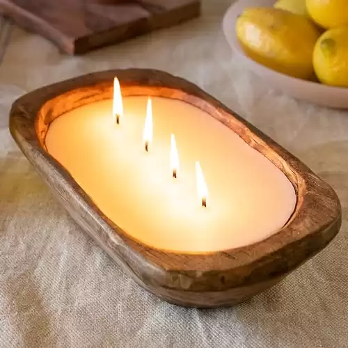 Wooden Dough Bowl Candle 10 Inch, Soy Candle, Farmhouse Candles for Table, Wood Boat 4 Wick, Décor, Unscented