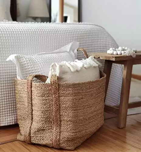 GooBloo Extra Large Handmade Woven Storage Basket 100% Jute Rope - 20 x 14 Tall Decorative Rope Basket for Living Room, Toys, Storage, Towels or Nursery - Wicker Baskets - Handmade Natural Hamper