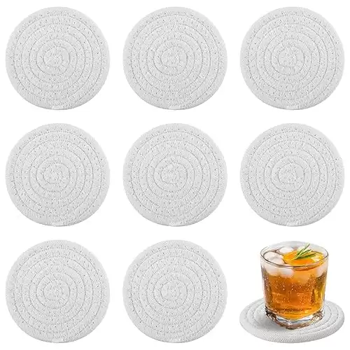 Handmade Woven Drink Coasters, 8 Pcs BOHO Coasters for Home Decor, Absorbent Farmhouse Cotton Table Coasters for Kinds of Cups New House Gift(4.3in, White)