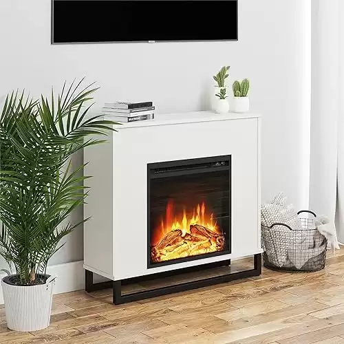 Ameriwood Home Ratcliff 32 Inch Electric Fireplace with Mantel, Replaceable Fireplace Insert Heater, Realistic Log and Flame Effect, for The Living Room or Bedroom, White