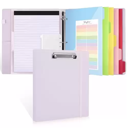 SKYDUE 3 Ring Binder with Clipboard,1 Inch Binder, 13.2" 10.2" PU Clipboard Binder with Notepad & 5 Dividers with 10 Pockets, Labels, Clipboard Folder Great for School Office (Purple)