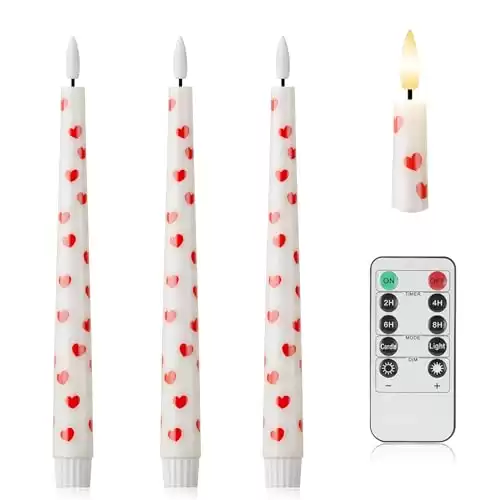 AFINETH Valentine Day Flameless Taper Candles with Heart, 9.6" Real Wax LED Candles with Remote, 3 Pack Flickering Battery Operated Candles for Proposal Wedding Anniversary Romantic Night