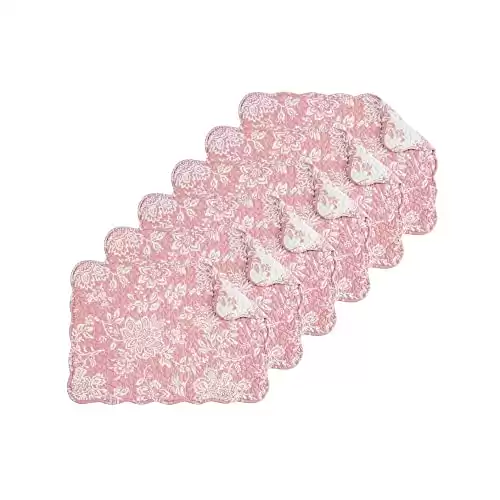 C&F Home Thea Floral Cotton Reversible Machine Washable Scallop Edge Quilted Vintage Design Placemat Set 6 Rectangular Placemat Set of 6 Light Pink & White