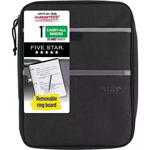 Five Star Zipper Binder, 1 Inch 3-Ring Binder, Carry-All with Internal Pockets and Dividers, 375 Total Sheet Capacity, Heathered Black/Gray (29092IT8)