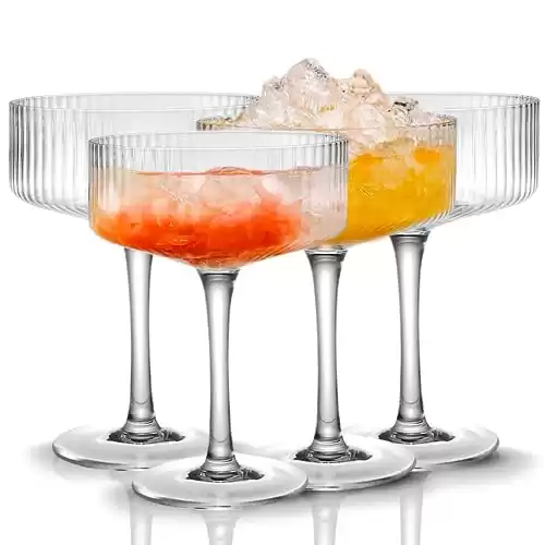 Qipecedm 4 Pcs Ribbed Coupe Glasses, 10 oz Vintage Cocktail Coupe Glasses Set, Unique Martini Glass, Classic Cocktail Galssware, Bar Drinking Glasses Set Pefect for Cocktail, Wine, Champagne & Gif...