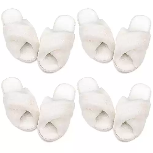 Newcotte 4 Pairs Women's Cross Band Fuzzy Slippers Plush Furry House Slippers Bridesmaid Slippers Open Toe Fluffy Slippers (White,9-10)