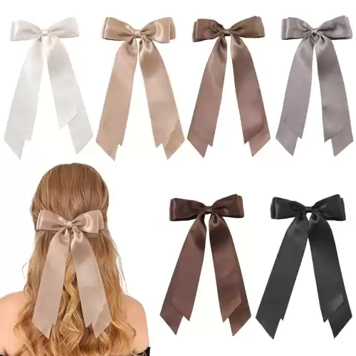 6 Silky Satin Hair Bows with Slide Metal Clips and Long Tails - Hair Barrettes for Women and Girls, Valentines Birthday Gift