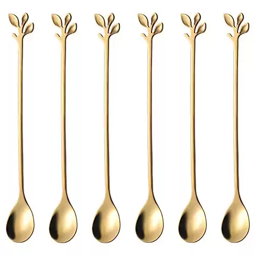 AnSaw 6.5" Elegant Leaf-Design Gold Coffee & Tea Spoons Set of 6- Long Handle Stainless Steel Stirring Spoons for Espresso, Iced Tea - Ideal Coffee Bar Accessories