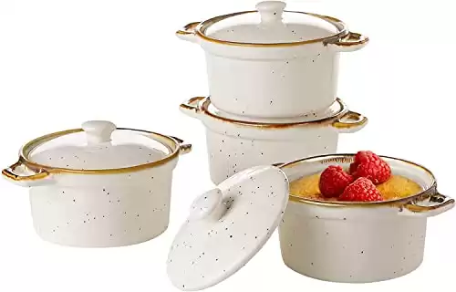 ONEMORE Ramekins with Lids, 6 oz Oven Safe Ceramic Mini Casserole Dish with Handles & Brown Rim for French Onion Soup, Speckled Mini Dutch Oven Cocotte Set of 4 for Individual Serving, Creamy Whit...