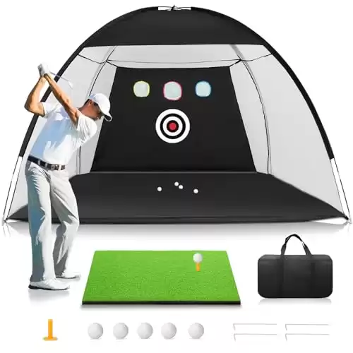 Golf Net: 10 x 7ft Golf Hitting Practice Net for Backyard Driving, Indoor/Outdoor Golf Chipping/Swing Training Nets with Targets and Mats, Christmas Ideal Gift for Men/Dad/Golfers