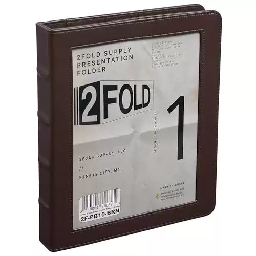 2Fold 3 Ring Binder 1 Inch with Clear Front Pocket - Premium PU Faux Leather Presentation Binder - Extra Storage Pockets for Office Supplies, Business Card Holder, and Pen/Pencil Loop (1 Inch, Brown)