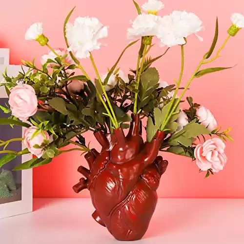 Human Heart Organ Shape Vase Creepy Halloween Home Desk Flowers Pot Decor, Medium Size 6.2" x 4.2", Red