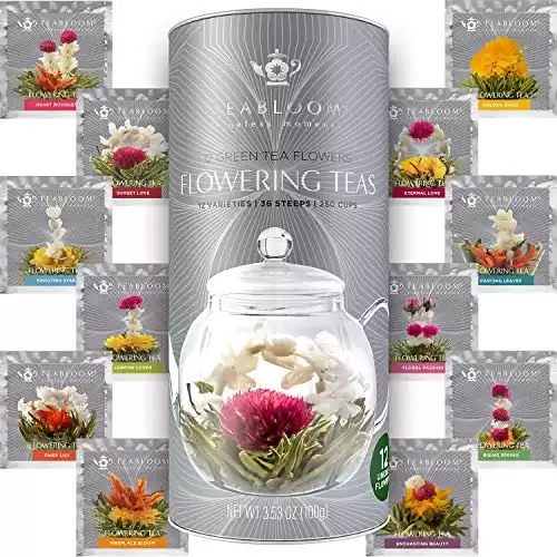 Teabloom Flowering Tea - 12 Unique Varieties of Blooming Tea Flowers - Hand-Tied Green Tea Leaves & Edible Flowers - 12-Pack Gift Canister