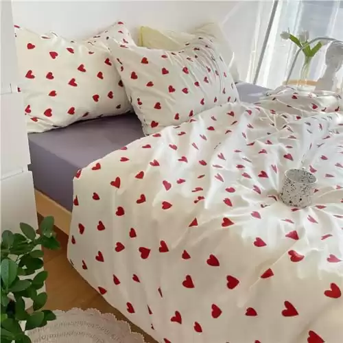 Nayoroom Heart Duvet Cover Queen Size Kids Girls Cute Red Heart Printed on White Bedding Set 3Pcs Soft Lightweight Microfiber Kawaii Heart-Shaped Pattern Comforter Cover with Zipper Closure