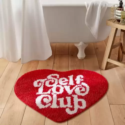 Aldopein Self Love Club Rug Heart Shaped Valentines Day Rug Non Slip, Cute Bath Mat Funky Aesthetic Groovy Red Small Area Rugs for Bedroom Bathroom, Modern Y2K Dorm College Girly Rug