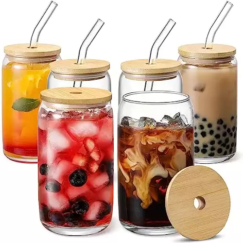 [ 6pcs Set ] Glass Cups with Bamboo Lids and Glass Straw - Beer Can Shaped, 16 oz Iced Coffee Drinking Glasses, Cute Tumbler Cup for Smoothie, Boba Tea, Whiskey, Water - 2 Cleaning Brushes