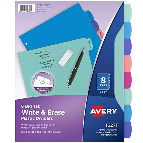 Avery Durable Plastic 8-Tab Write & Erase Big Tab Dividers for 3 Ring Binders, Pastel Brights (16271)