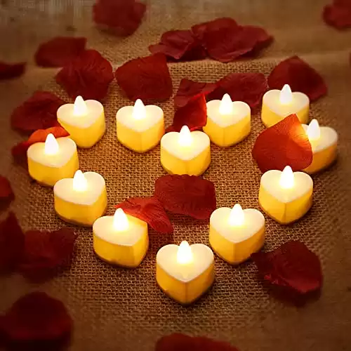 Mudder 12 Pcs Heart Shape LED Tealight Candles Love LED Candles with 200 Pieces Silk Rose Petals Scatter Artificial Petals for Valentine's Day Wedding Table Party Decor(Yellow Light, Dark Red Pet...