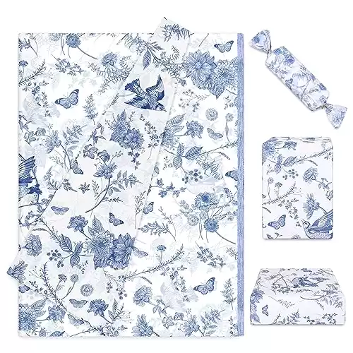 Whaline 100 Sheet Blue Floral Tissue Paper Chinoiserie Gift Wrapping Paper Blue Bird Butterfly Packaging Paper DIY Art Craft Paper for Baby Shower Wedding Birthday Party Decoration, 13.7x19.6 Inch