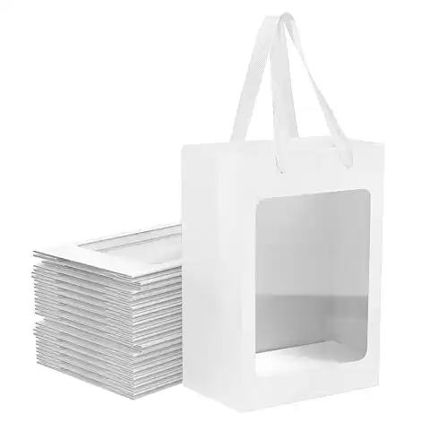 12 Pcs White Kraft Paper Gift Bags with Transparent Window, 9.84"x7.0"x5.12" Kraft Shopping Bags with Handles for Present, Festivals Party