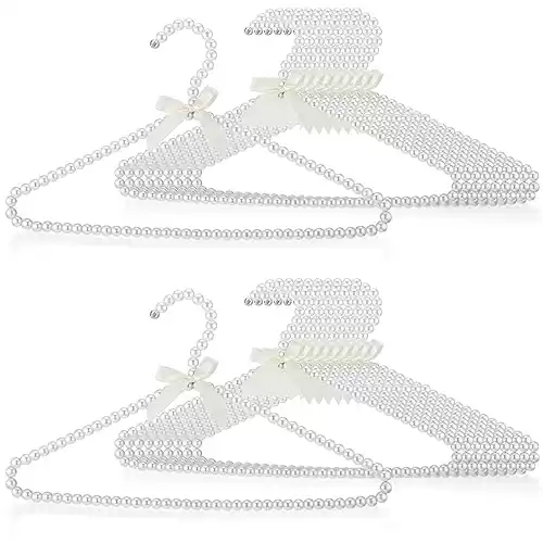 20 Pieces Pearl Clothes Hanger Beaded Clothing Hanger with Ribbon Bowknot Metal Elegant Clothes Standard Hangers for Women Bride Wedding Dress Coat Shirt Decorative Hangers (White)