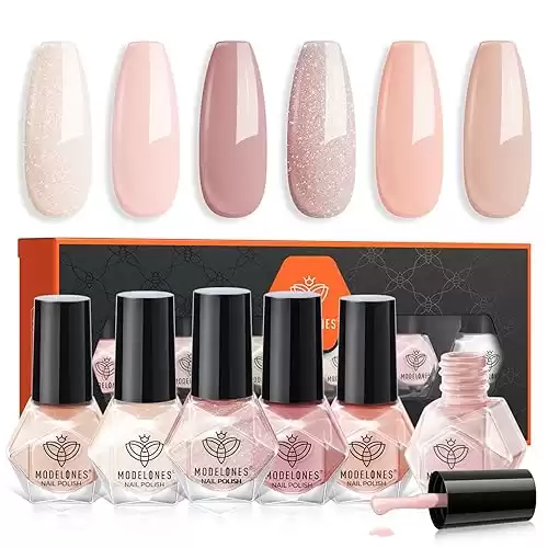 modelones Nail Polish Set 6 Colors Neutral Nude Nail Polish Bubble Bath Quick Dry Skin Tone Glitter Nail Polish Finger Nail Polish Bulk Manicure Diy Nail Art Salon Home Gift For Women Mom Girl