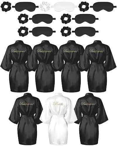 Jecery 7 Pcs Bridesmaid Robe Sets Bride Silk Satin Robes Bridal Party Robes with Sleeping Eye Mask and Elastic Headband Sets