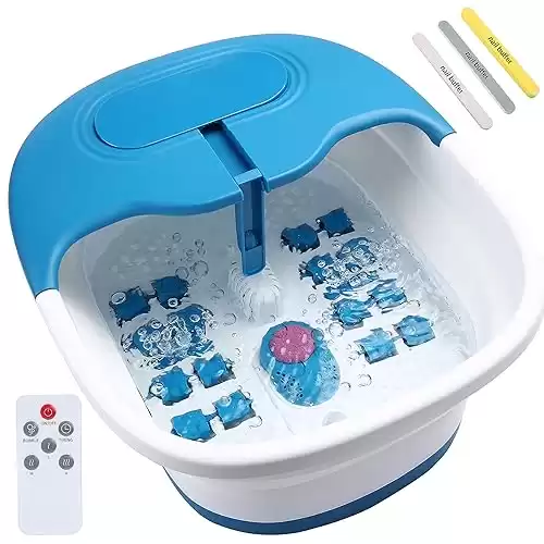 Collapsible Foot Spa Massager with Remote Control and 3 Double Sided Nail Buffer File Polisher, Bubble Jets, 3 Temperature and 2 Timer Settings, Easy Storage and Space Saving-Blue