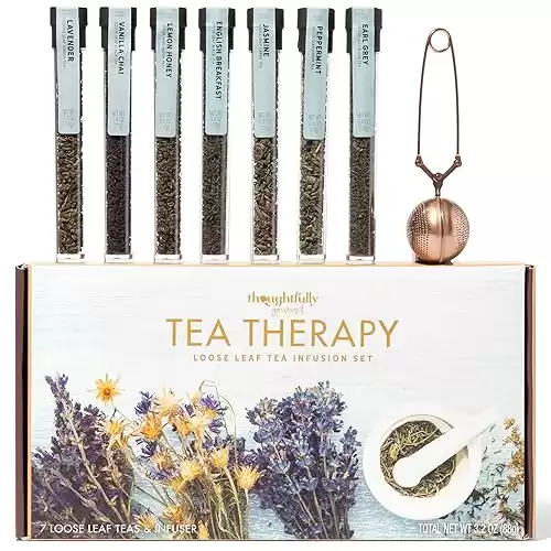 Thoughtfully Gourmet, Tea Therapy Infusion Gift Set, 7 Unique Flavors and Reusable Copper Ball Infuser, Loose Leaf Tea Set Flavors Include Peppermint, Jasmine, Vanilla Chai and More, Set of 7