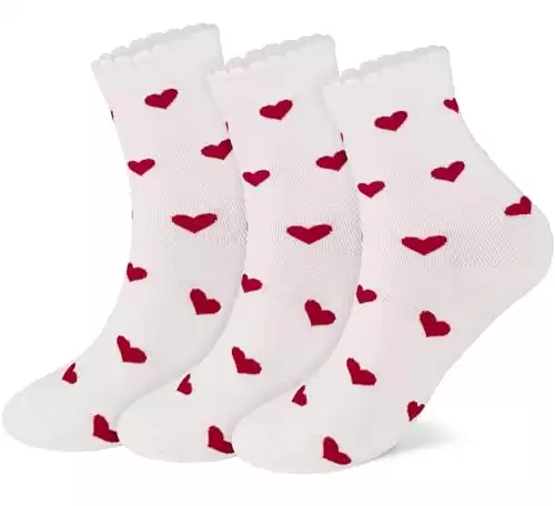 CUTIE MANGO 3 Pairs Women's Heart Pattern Print Cotton Daily Casual Crew Socks Novelty Premium K-Socks Fashion Soft Lovely Cute Crazy Fun Size 6,7,8,9,10 for Women - White