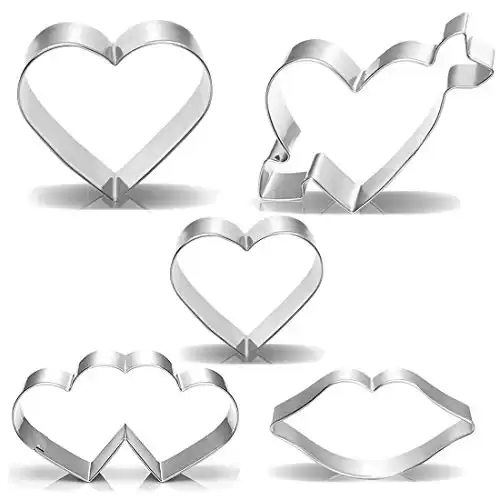 Valentine's Day Heart Cookie Cutter Set - 5 Piece Valentine Cookie Cutters - Heart, Lips, Heart with Arrow, Double Heart