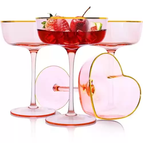 LUXULISH Heart-Shaped Martini Glasses with Golden Rim, Stunning Pink Coupe Glasses Set of 4, Great Cocktail Gift Choice for Wedding, Valentine's Day, Birthdays, Anniversary or Special Date Night ...