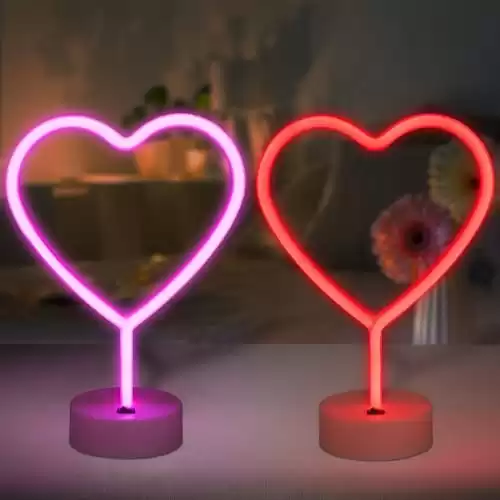 BRIGHTDECK 2 Pack Heart Neon Signs, LED Pink Heart Neon Sign Battery Operated or USB Powered Decoration Lamp, Neon Lights Heart Decor for Mothers Day Gifts, Bedroom, Wedding, Party, Pink Room Decor