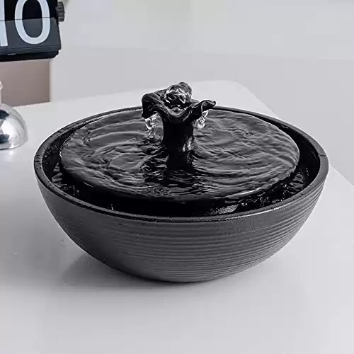 Ceramic Tabletop Water Fountain Feature for Indoor and Outdoor Home Decoration Table Desktop Office (Black)