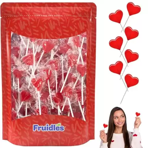 Fruidles Valentines Day Lollipops Mini Red Heart Shaped Strawberry Flavored Lollipop, Individually Wrapped, 5g Lollipops (40 Lollipops (Half-Pound))