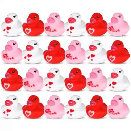 24pcs Valentine's Day Rubber Ducks, 1.57 inch Mini Small Assorted Rubber Bath Ducks Colorful Bathtub Toy Squeaky Duckies Love Heart Duck Valentines Day Gifts for Kids Cupcake Topper(3 Colors)